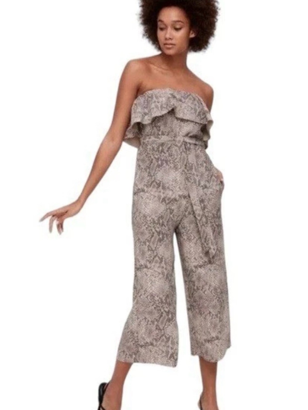 Aritzia Babaton Altamiro Snakeskin Strapless Ruffle Jumpsuit Size 10 NWOT Autumn
